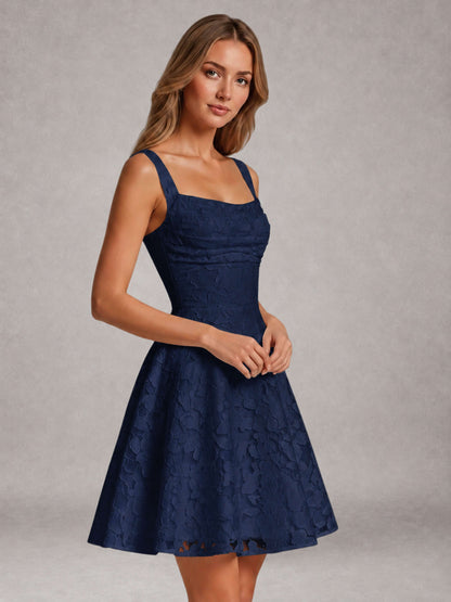Navy Blue A-Line Square Neck Sleeveless Floral Lace Mini/Short Formal Dress