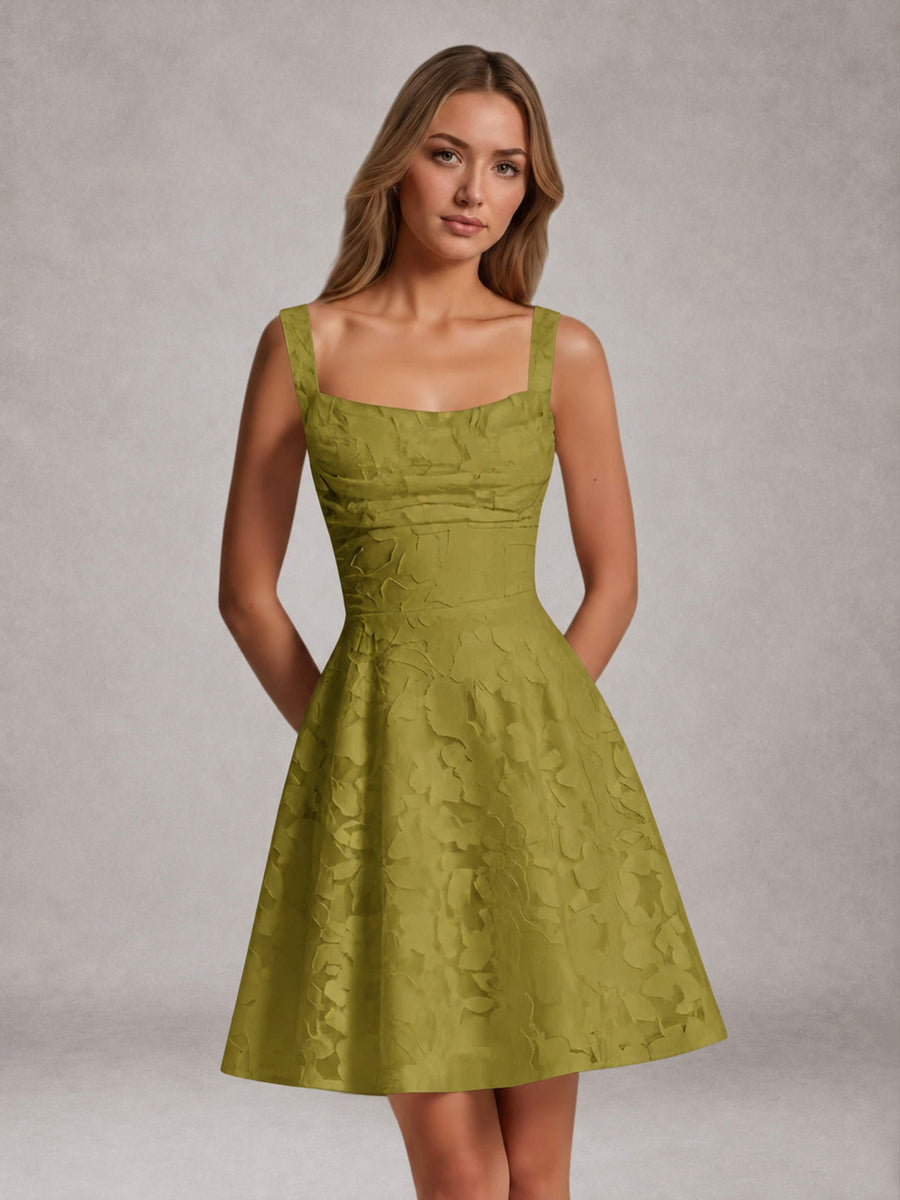 Olive Green A-Line Square Neck Sleeveless Floral Lace Mini/Short Formal Dress