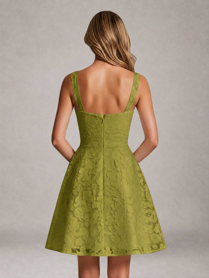 Olive Green A-Line Square Neck Sleeveless Floral Lace Mini/Short Formal Dress