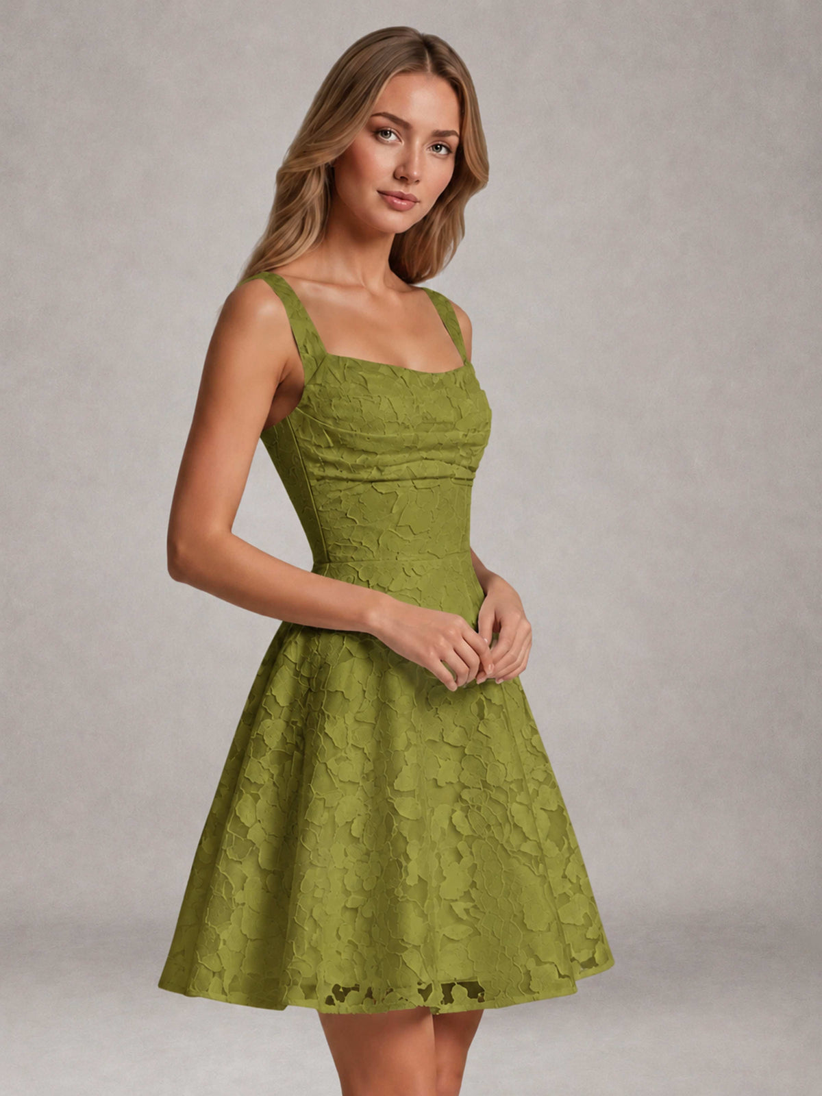 Olive Green A-Line Square Neck Sleeveless Floral Lace Mini/Short Formal Dress