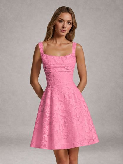 Pink A-Line Square Neck Sleeveless Floral Lace Mini/Short Formal Dress