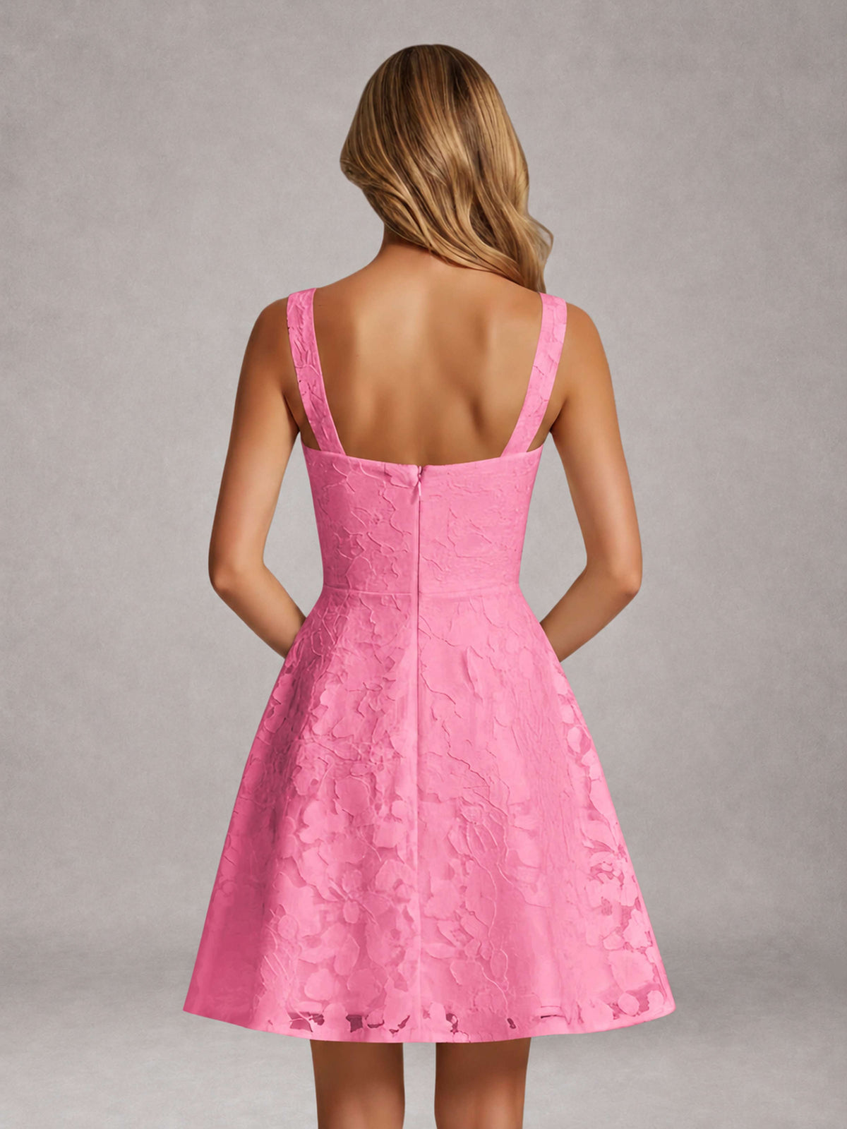 Pink A-Line Square Neck Sleeveless Floral Lace Mini/Short Formal Dress
