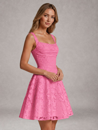 Pink A-Line Square Neck Sleeveless Floral Lace Mini/Short Formal Dress