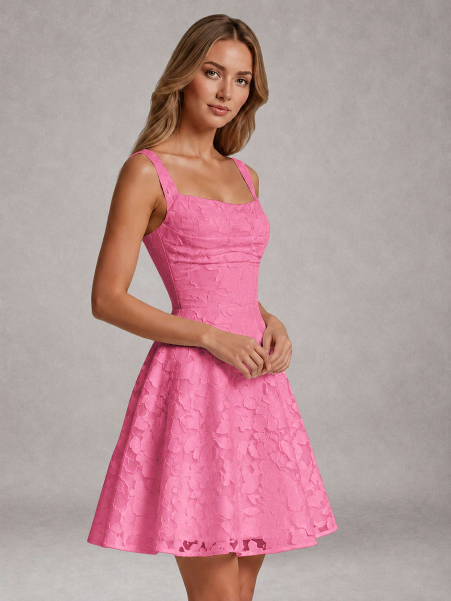 Pink A-Line Square Neck Sleeveless Floral Lace Mini/Short Formal Dress