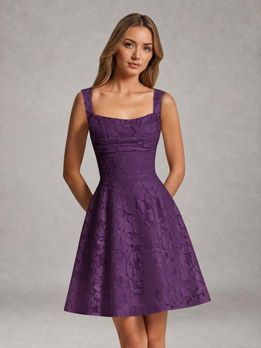 Plum A-Line Square Neck Sleeveless Floral Lace Mini/Short Formal Dress