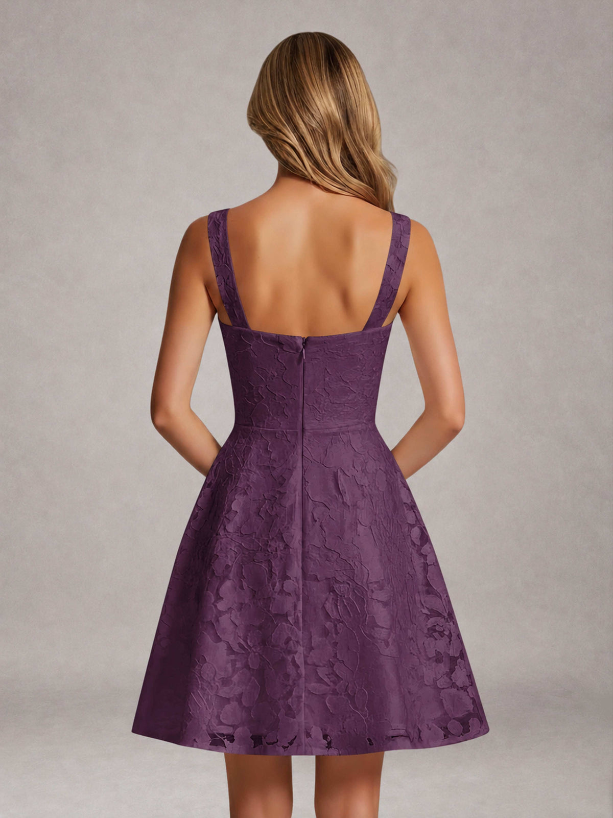 Plum A-Line Square Neck Sleeveless Floral Lace Mini/Short Formal Dress
