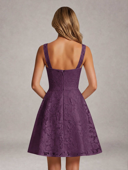 Plum A-Line Square Neck Sleeveless Floral Lace Mini/Short Formal Dress