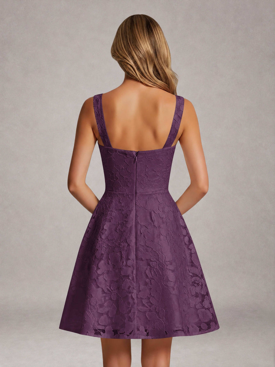 Plum A-Line Square Neck Sleeveless Floral Lace Mini/Short Formal Dress