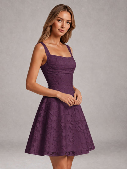 Plum A-Line Square Neck Sleeveless Floral Lace Mini/Short Formal Dress