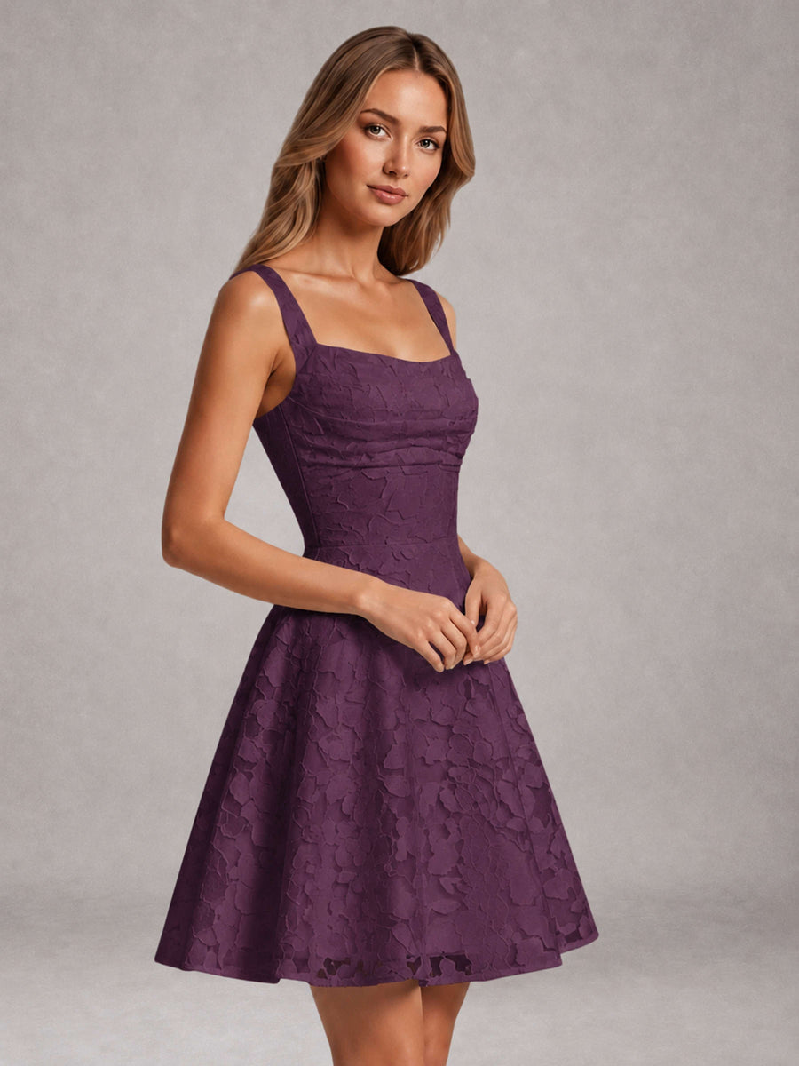 Plum A-Line Square Neck Sleeveless Floral Lace Mini/Short Formal Dress