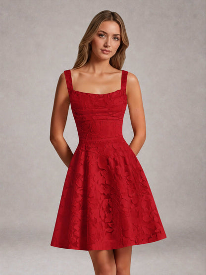 Red A-Line Square Neck Sleeveless Floral Lace Mini/Short Formal Dress