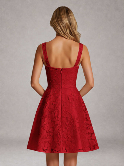 Red A-Line Square Neck Sleeveless Floral Lace Mini/Short Formal Dress