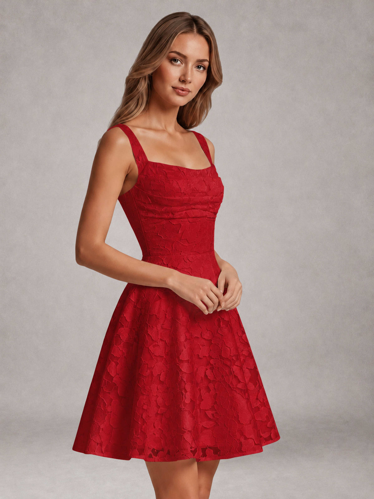 Red A-Line Square Neck Sleeveless Floral Lace Mini/Short Formal Dress