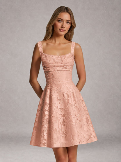 Rose Gold A-Line Square Neck Sleeveless Floral Lace Mini/Short Formal Dress