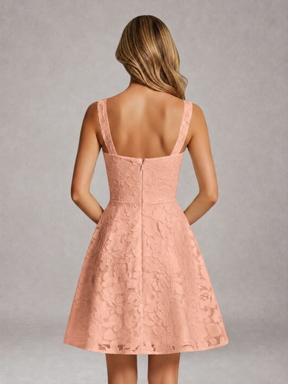 Rose Gold A-Line Square Neck Sleeveless Floral Lace Mini/Short Formal Dress