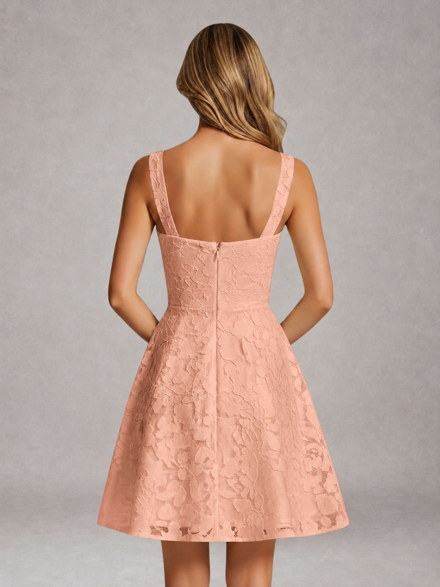 Rose Gold A-Line Square Neck Sleeveless Floral Lace Mini/Short Formal Dress