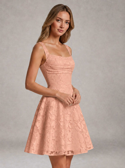Rose Gold A-Line Square Neck Sleeveless Floral Lace Mini/Short Formal Dress