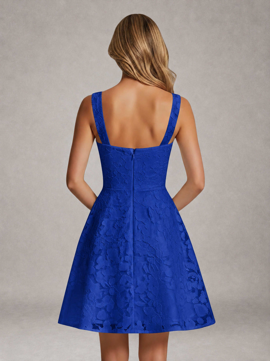 Royal Blue A-Line Square Neck Sleeveless Floral Lace Mini/Short Formal Dress