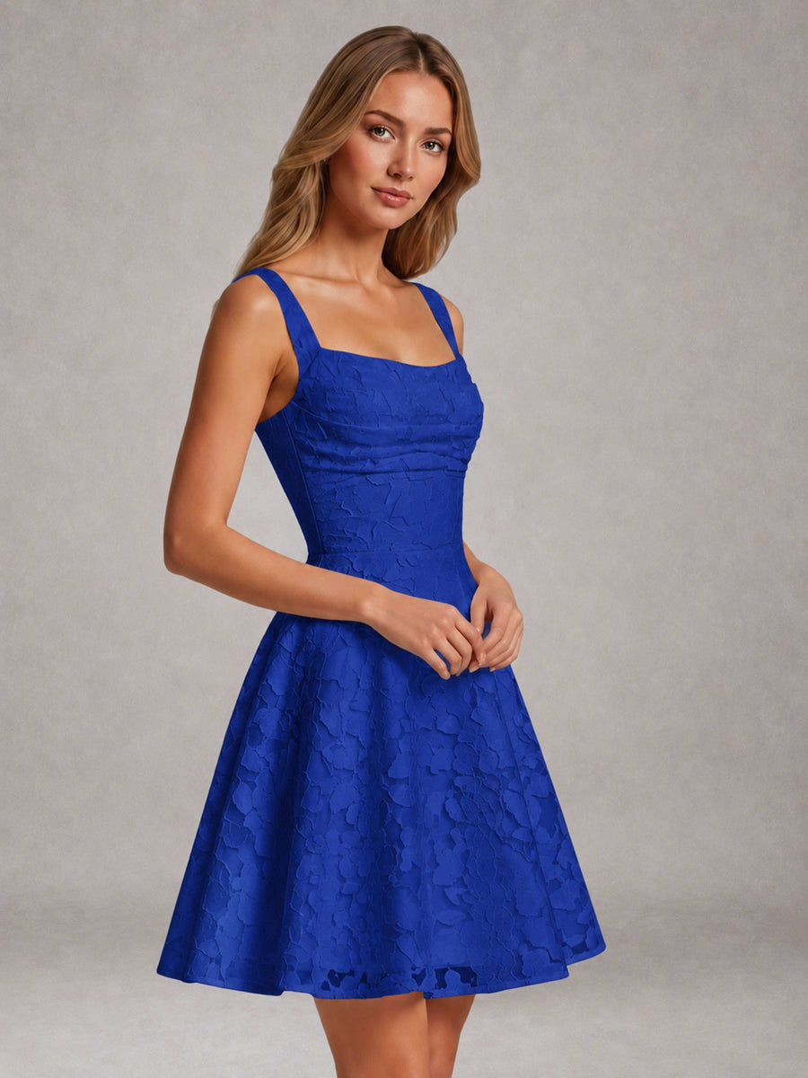 Royal Blue A-Line Square Neck Sleeveless Floral Lace Mini/Short Formal Dress