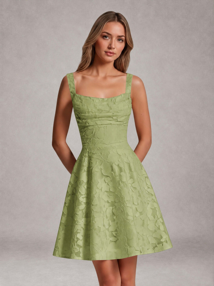 Sage Green A-Line Square Neck Sleeveless Floral Lace Mini/Short Formal Dress