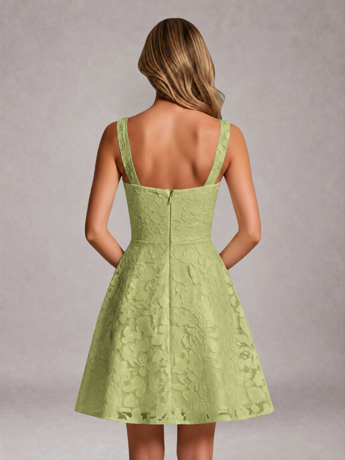 Sage Green A-Line Square Neck Sleeveless Floral Lace Mini/Short Formal Dress