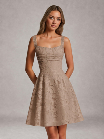 Taupe A-Line Square Neck Sleeveless Floral Lace Mini/Short Formal Dress