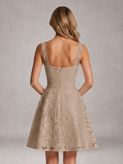Taupe A-Line Square Neck Sleeveless Floral Lace Mini/Short Formal Dress