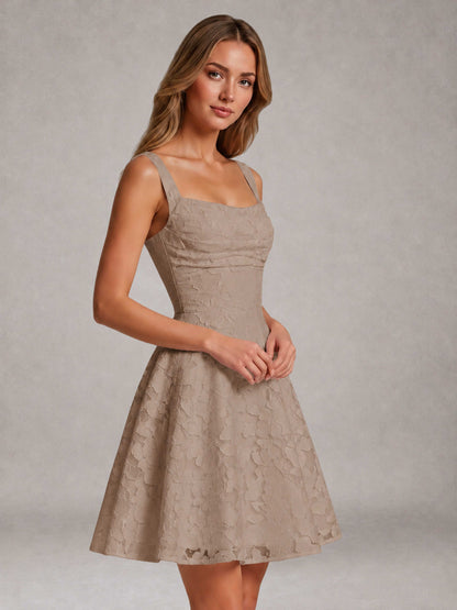 Taupe A-Line Square Neck Sleeveless Floral Lace Mini/Short Formal Dress
