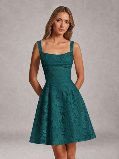 Teal A-Line Square Neck Sleeveless Floral Lace Mini/Short Formal Dress