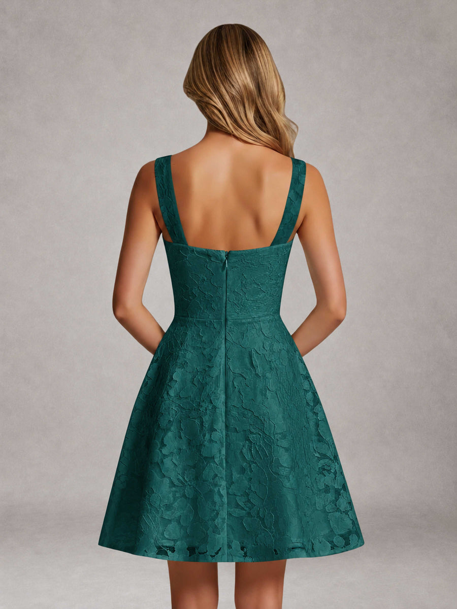 Teal A-Line Square Neck Sleeveless Floral Lace Mini/Short Formal Dress