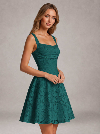 Teal A-Line Square Neck Sleeveless Floral Lace Mini/Short Formal Dress