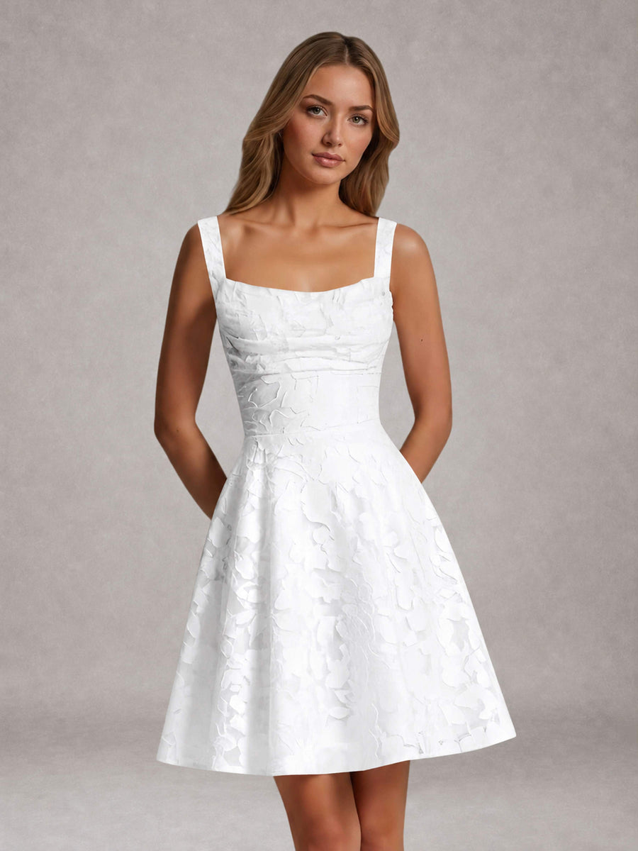 White A-Line Square Neck Sleeveless Floral Lace Mini/Short Formal Dress