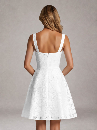 White A-Line Square Neck Sleeveless Floral Lace Mini/Short Formal Dress