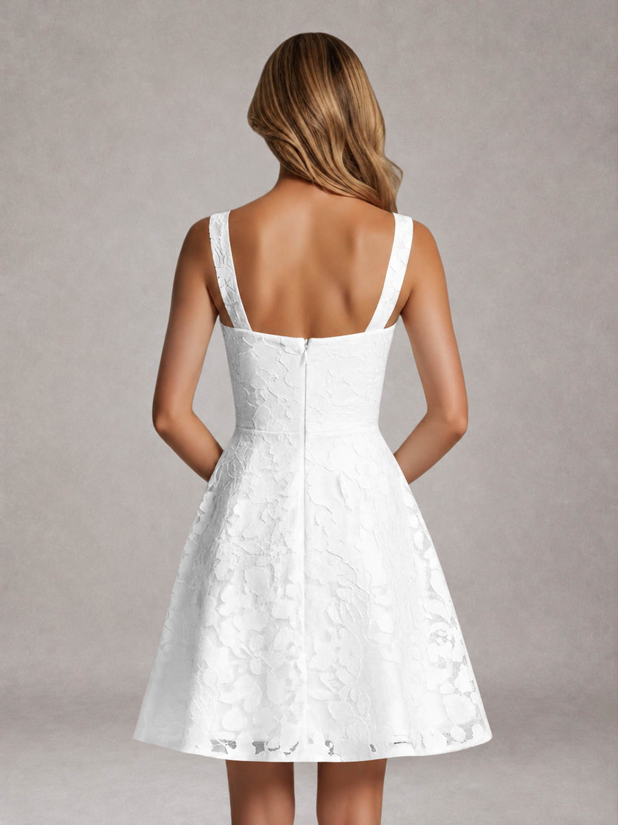White A-Line Square Neck Sleeveless Floral Lace Mini/Short Formal Dress