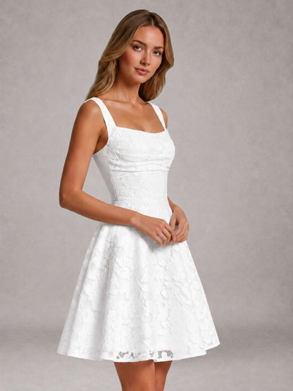 White A-Line Square Neck Sleeveless Floral Lace Mini/Short Formal Dress