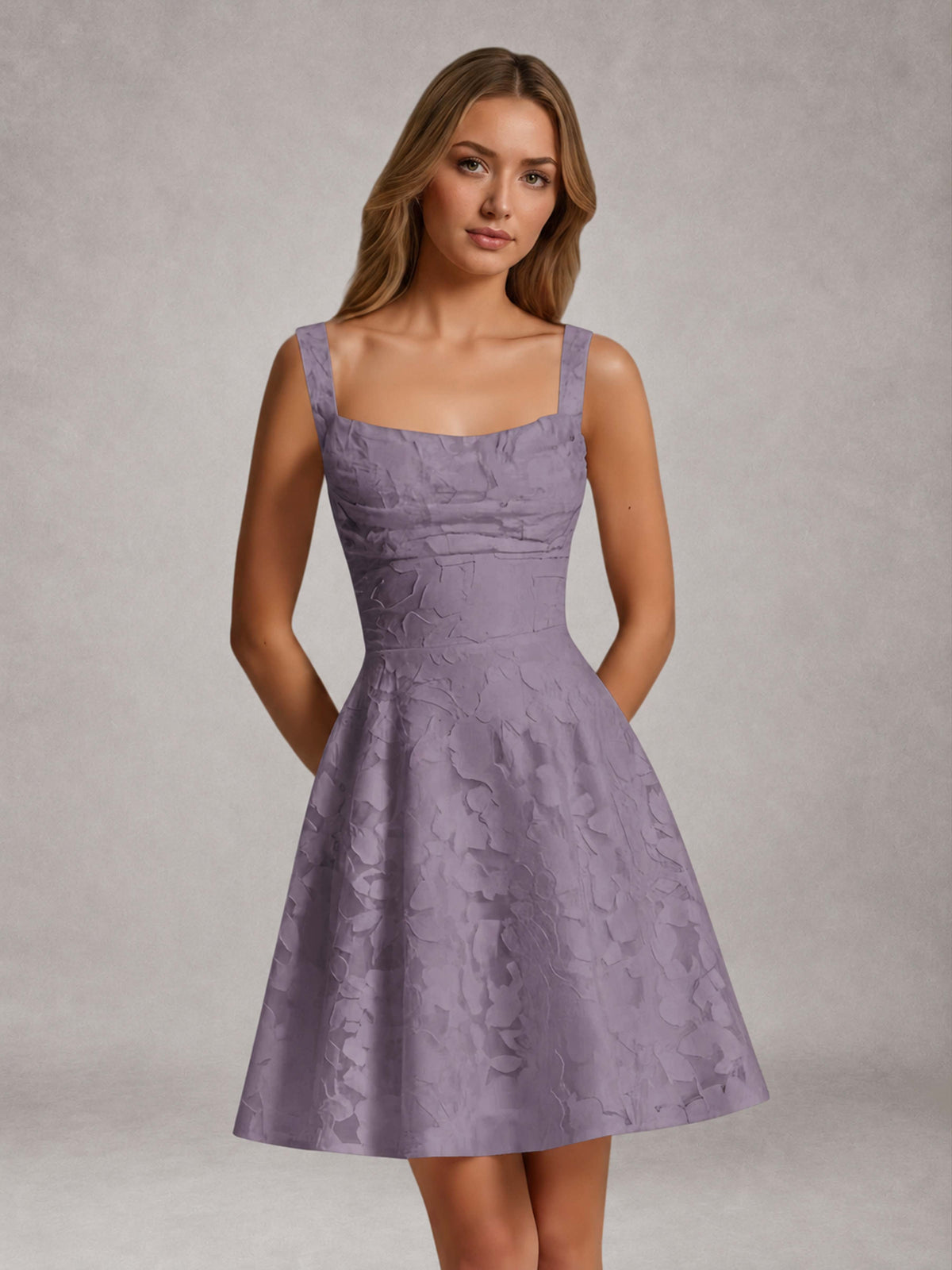 Wisteria A-Line Square Neck Sleeveless Floral Lace Mini/Short Formal Dress