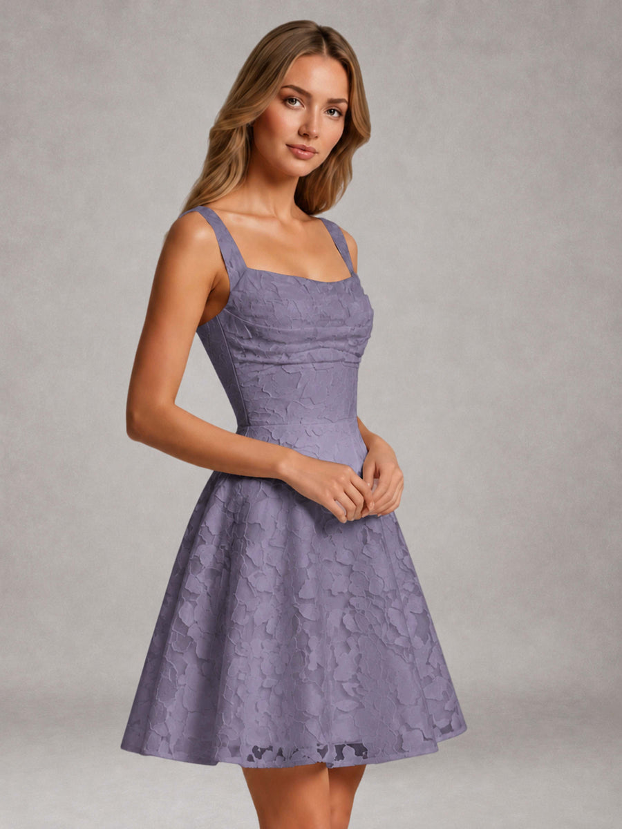 Wisteria A-Line Square Neck Sleeveless Floral Lace Mini/Short Formal Dress