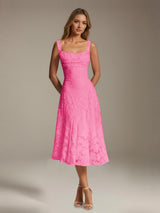 Free Shipping A-Line Square Neck Sleeveless Floral Lace Tea-Length Formal Dress