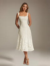 Free Shipping A-Line Square Neck Sleeveless Floral Lace Tea-Length Formal Dress
