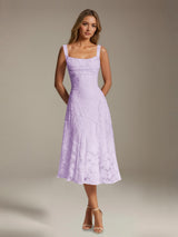 Free Shipping A-Line Square Neck Sleeveless Floral Lace Tea-Length Formal Dress