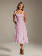 Free Shipping A-Line Square Neck Sleeveless Floral Lace Tea-Length Formal Dress