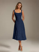 Free Shipping A-Line Square Neck Sleeveless Floral Lace Tea-Length Formal Dress