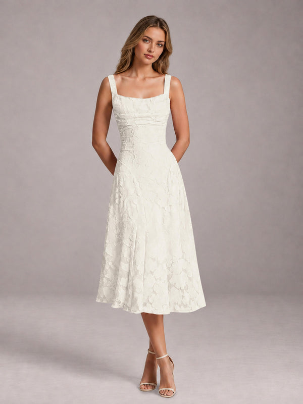 Ivory A-Line Square Neck Sleeveless Floral Lace Tea-Length Bridesmaid Dress