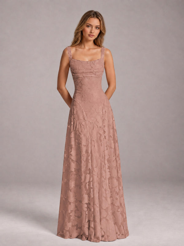 Dusty Rose A-Line Square Neck Sleeveless Pleated Floral Lace Floor Length Bridesmaid Dress