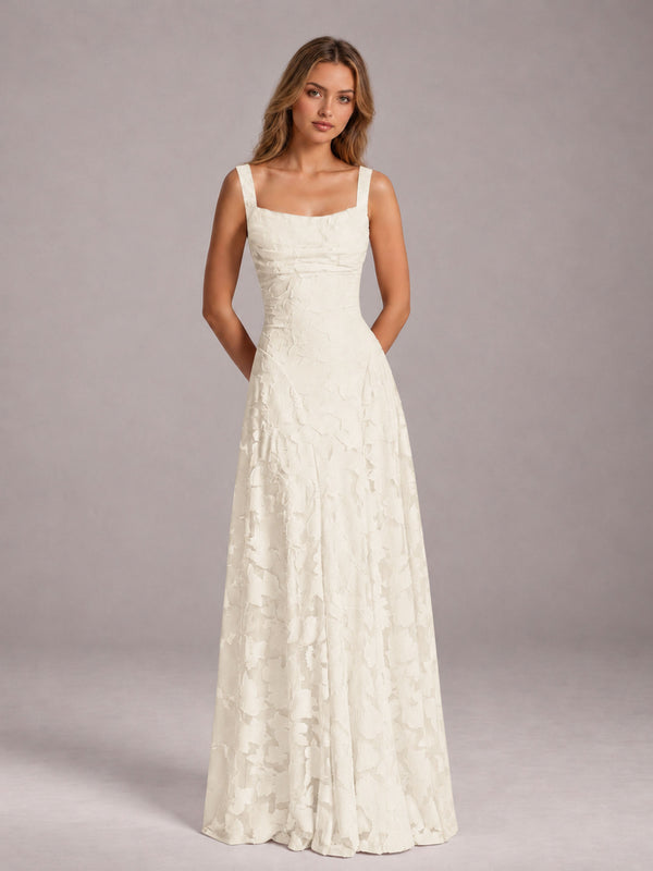 Ivory A-Line Square Neck Sleeveless Pleated Floral Lace Floor Length Bridesmaid Dress