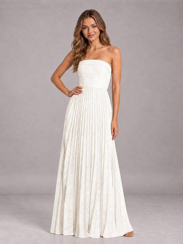 Ivory A-Line Strapless Floral Lace Pleated Floor-Length Bridesmaid Dress