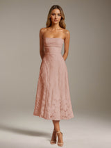 Free Shipping A-Line Strapless Neck Sleeveless Floral Lace Tea-Length Formal Dress