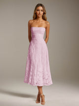 Free Shipping A-Line Strapless Neck Sleeveless Floral Lace Tea-Length Formal Dress