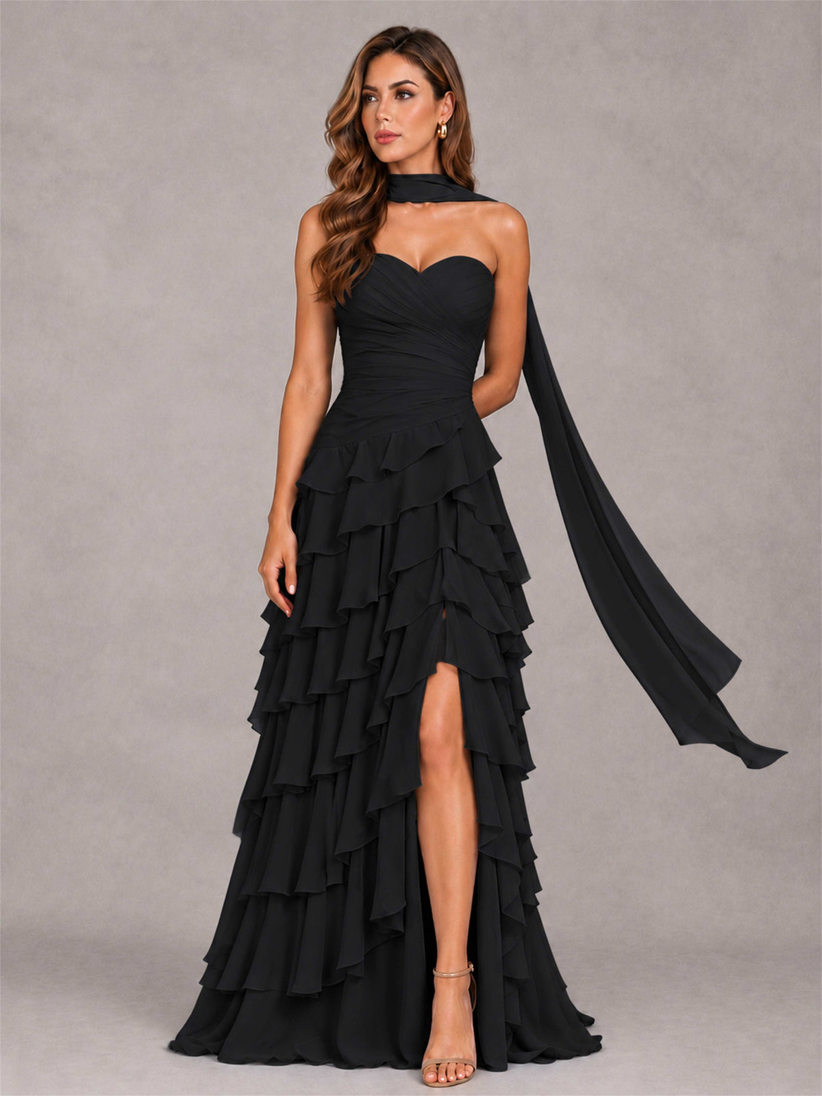 A-Line Strapless Pleated Side Slit Chiffon Evening Dress with Scarf