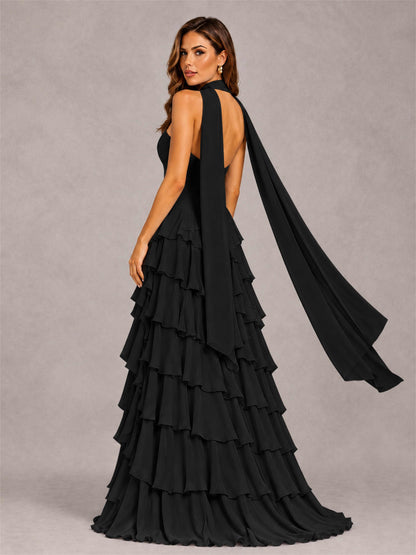A-Line Strapless Pleated Side Slit Chiffon Evening Dress with Scarf
